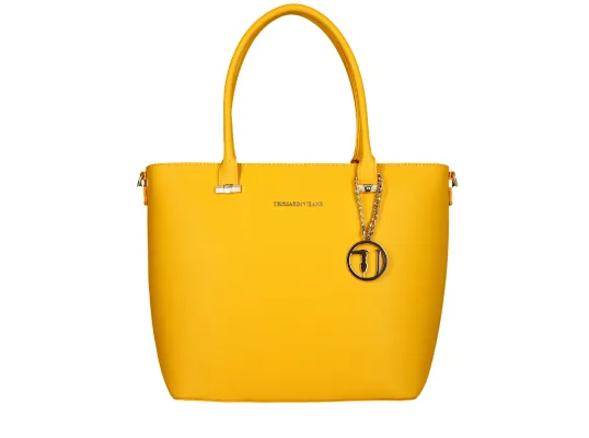 Yellow leather tote bag photographed as a 2D still