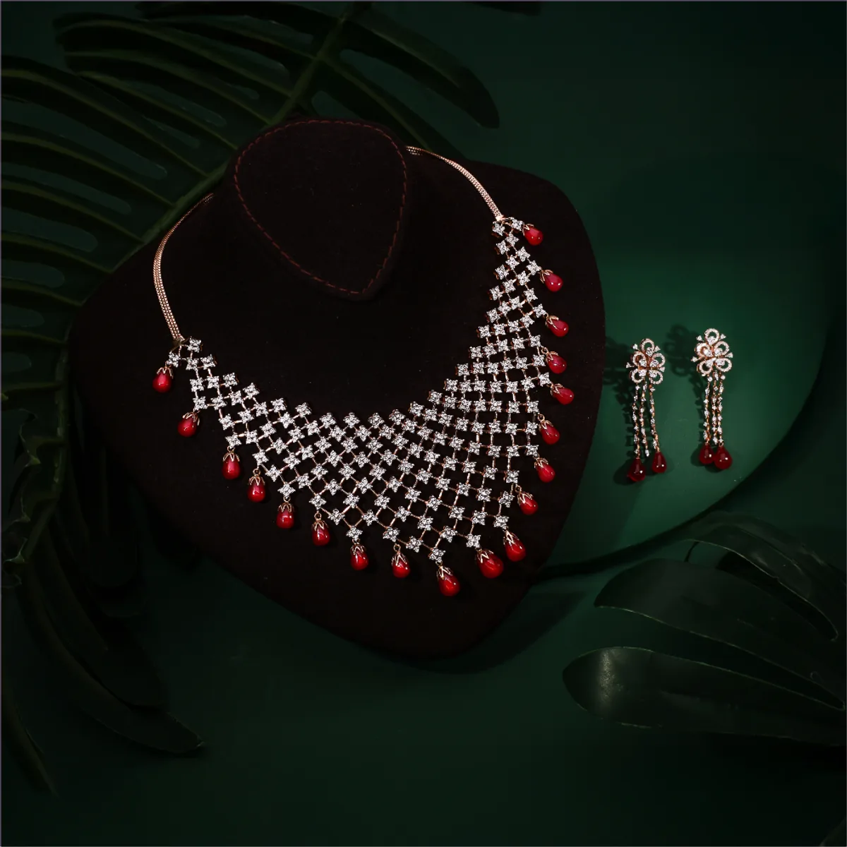 Ruby and diamond necklace and earring set